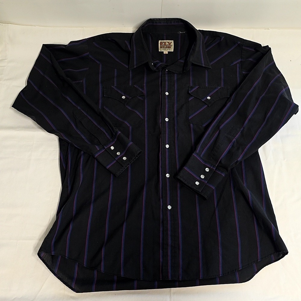 Ely Cattleman Western Shirt Mens L Black Blue Purple Striped Pearl Snap Cowboy
